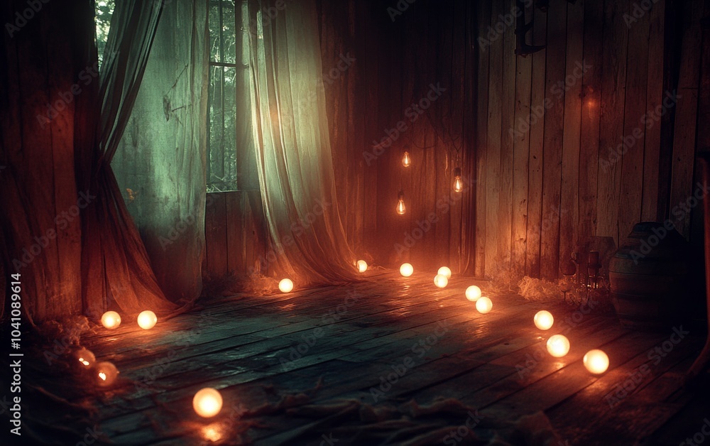 Obraz premium Empty scenes with lights and bulbs on wooden floor and walls. Empty space room made of wood. Empty stage background