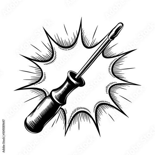 Screwdriver illustration, black and white, repair and DIY concept