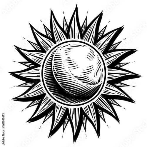 Sun illustration, black and white, celestial and energy concept
