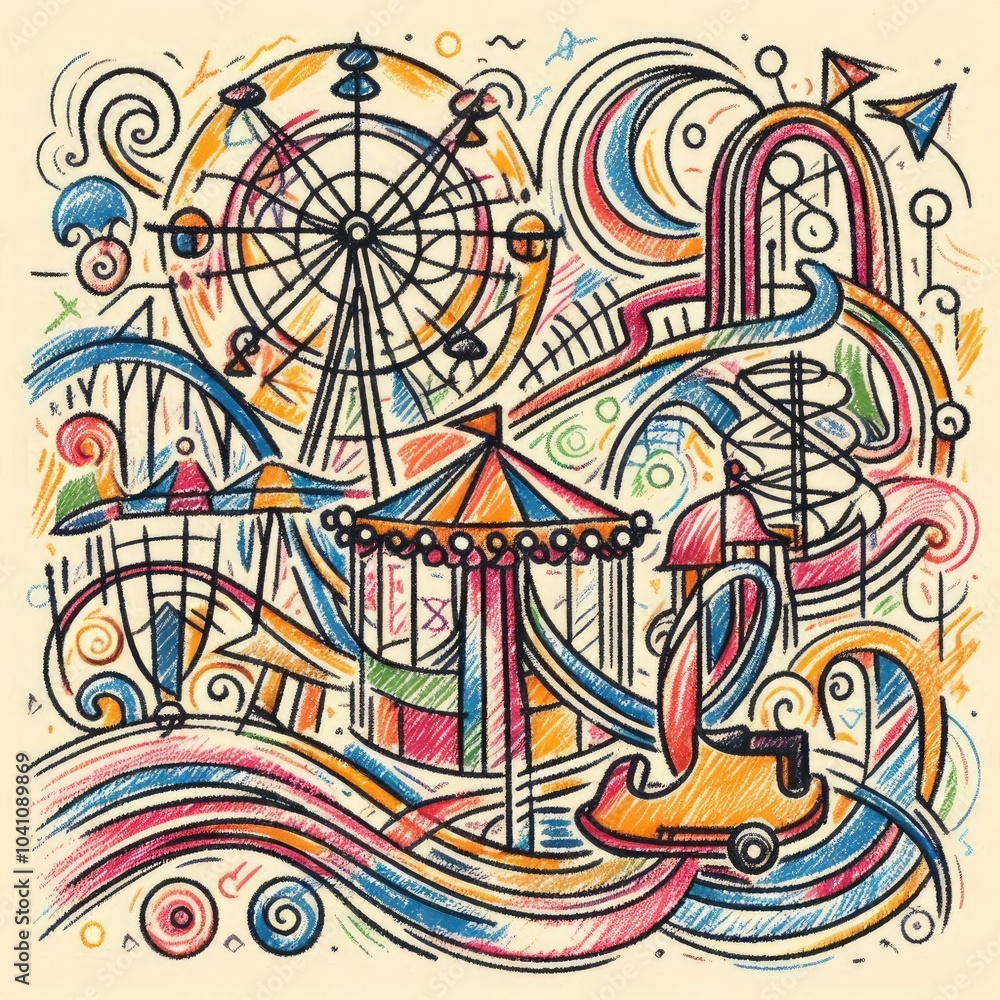 Whimsical Carnival Scene with Ferris Wheel, Carousel, and Hot Air Balloon with Generative AI. Whimsical Carnival Scene with Ferris Wheel, Carousel, and Hot Air Balloon with Generative AI.