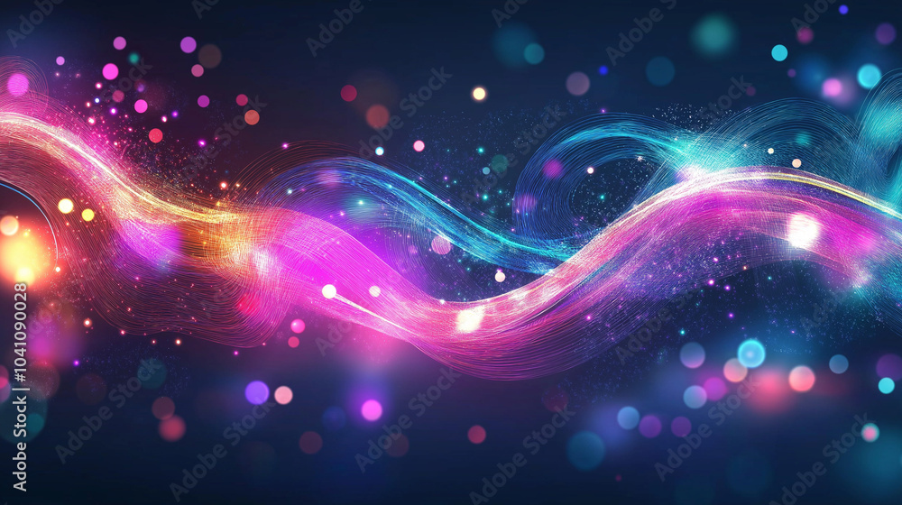 Fototapeta premium Glowing abstract light background with purple and blue neon waves, creating a cosmic night pattern, Abstract neon glow star vector illustration for cosmic night backdrop
