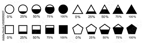 Set of filled circle from 0 to 100 percent icon. Geometric figures such as triangle, square, pentagon. Vector illustration