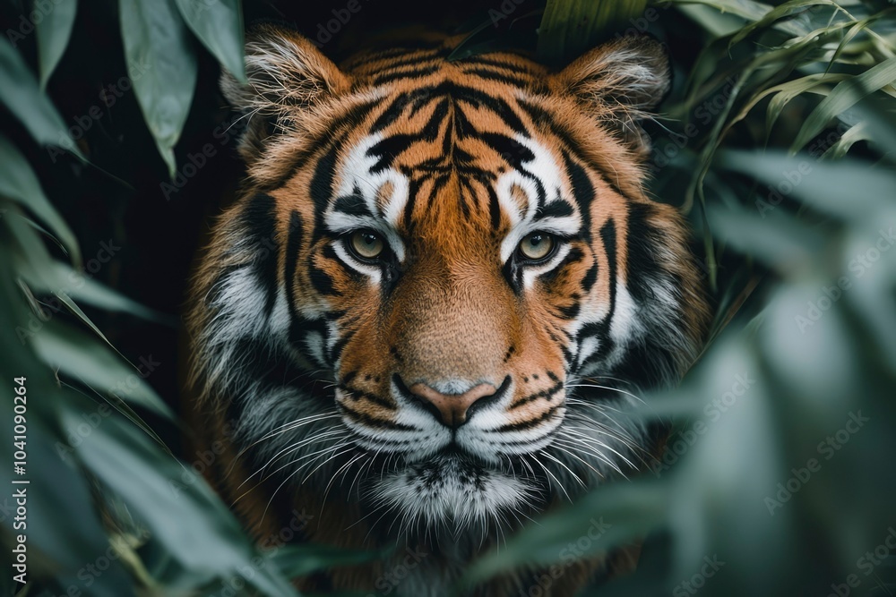 A Close-Up of a Tiger's Face Partially Hidden by Green Foliage A Close-Up of a Tiger's Face Partially Hidden by Green Foliage