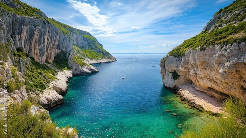 Scenic view of stiniva bay on vis island, croatia, showcasing crystal clear turquoise waters surrounded by dramatic cliffs and lush greenery, perfect for capturing the serene beauty of nature and idyl photo