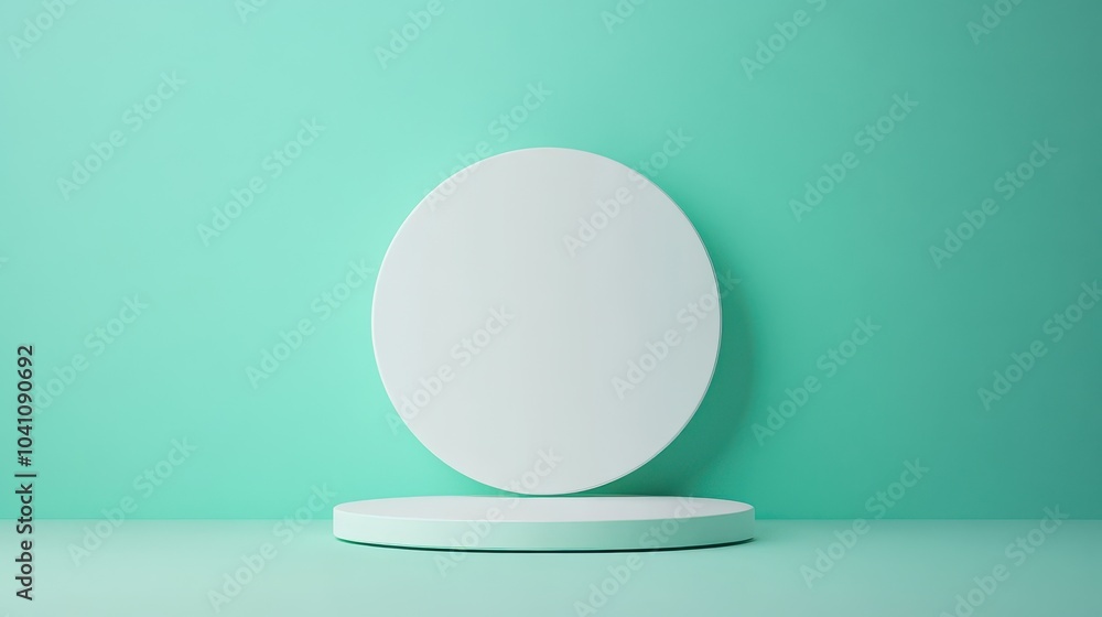 A minimalist display with a white circular platform against a pastel green wall, ideal for showcasing products or art. A minimalist display with a white circular platform against a pastel green wall, ideal for showcasing products or art.