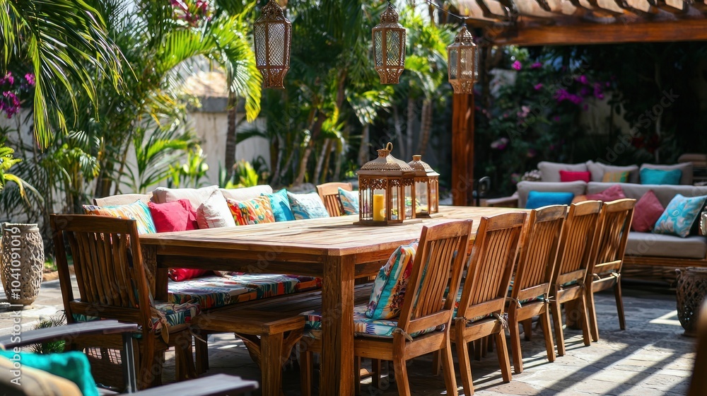 A beautiful wooden dining set on a spacious patio, with colorful cushions and decorative lanterns for ambiance. A beautiful wooden dining set on a spacious patio, with colorful cushions and decorative lanterns for ambiance.