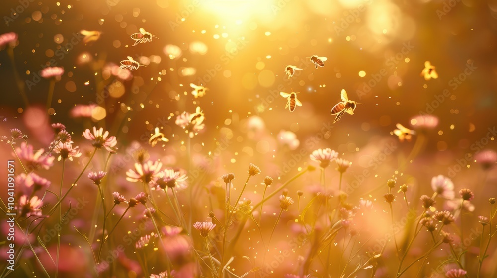 Bees Flying Over Blooming Field in Golden Light Bees Flying Over Blooming Field in Golden Light