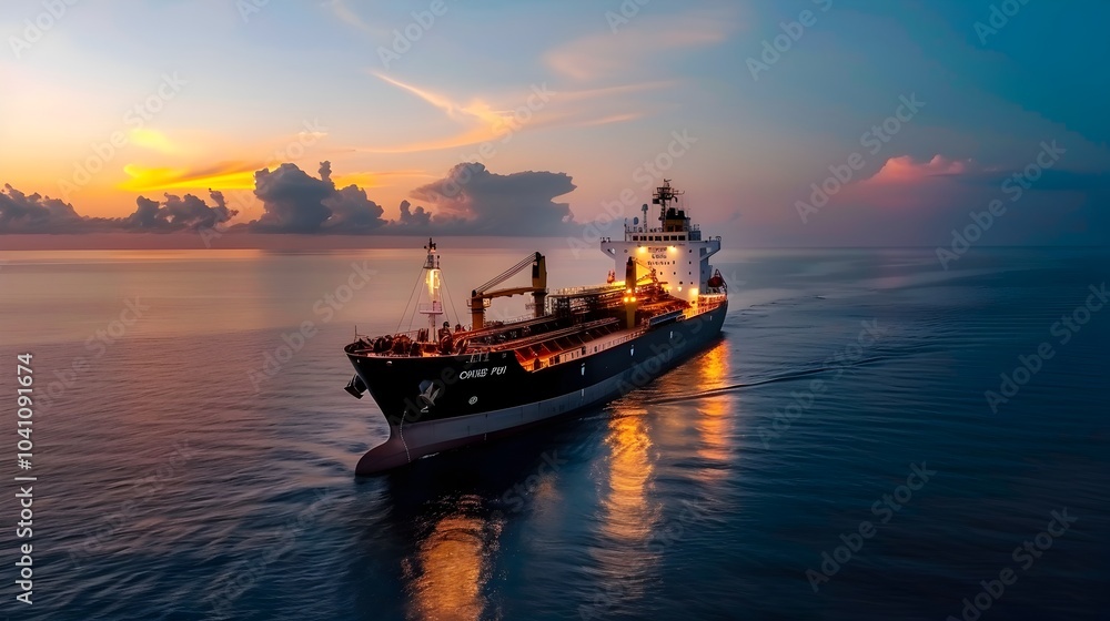 Fototapeta premium Large oil tanker ship docked at a commercial seaport and being loaded with crude oil for international transport and distribution