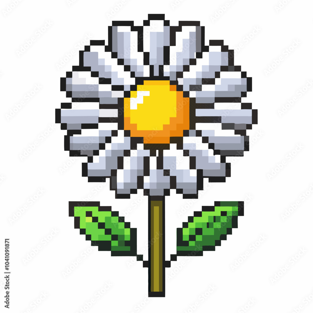 Obraz premium Pixel Art Daisy with Green Leaves Retro Style Vector Illustration