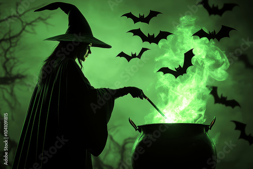 A witch stirring a bubbling cauldron in a dark castle. photo