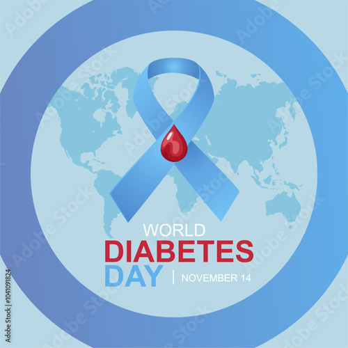 World Diabetes Day 14th November 2024 Design with Blue Ribbon and Circle, Blood Drop, and World Map Illustration. Best for Diabetes Awareness Campaign, Banner, Poster, Template. Vector Illustration