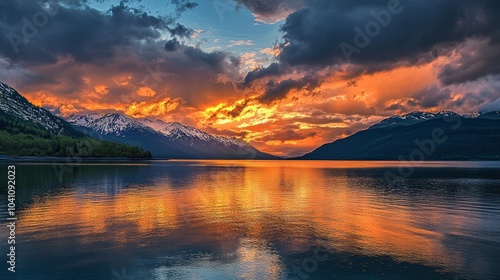 A breathtaking sunset over a calm lake with snow-capped mountains in the background. The fiery sky reflects on the water.