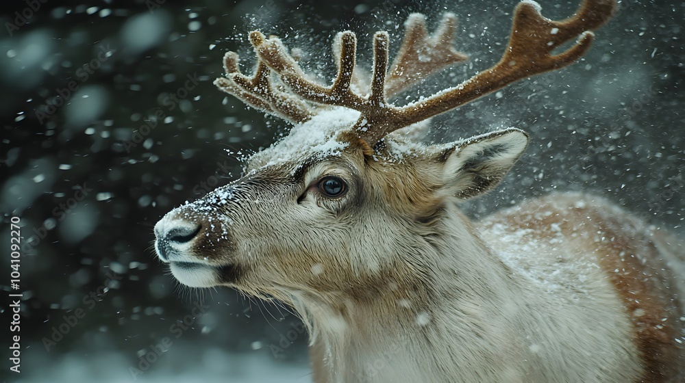 Reindeer Shaking Its Head in Snowy Scene Reindeer Shaking Its Head in Snowy Scene