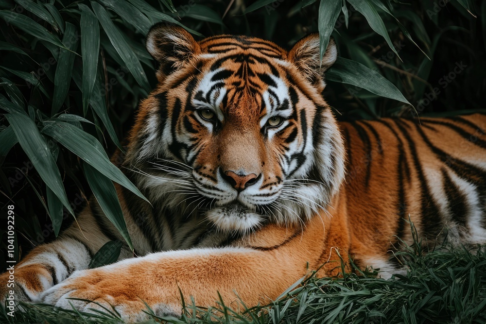 Obraz premium Close-up Portrait of a Tiger Resting in Lush Greenery