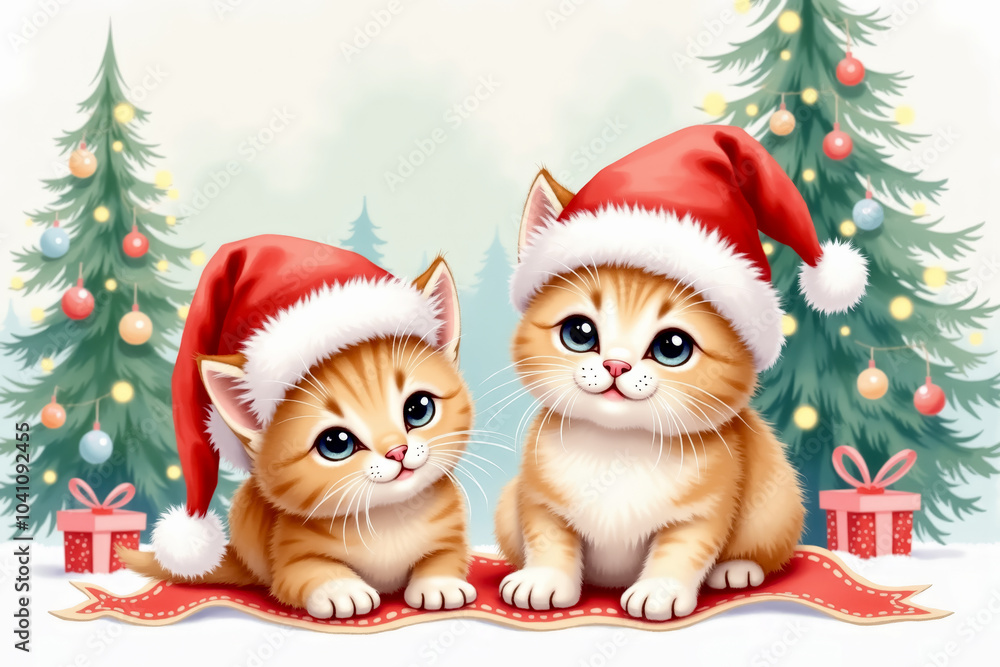 Cute christmas kitten duo in santa hats with festive christmas trees and gifts background Cute christmas kitten duo in santa hats with festive christmas trees and gifts background