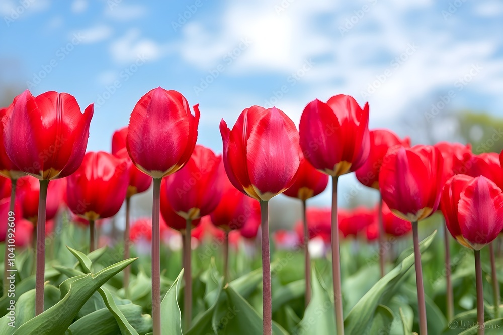 Rows of Vibrant Red Tulips in a Meticulously Maintained Garden under Wispy Clouds Rows of Vibrant Red Tulips in a Meticulously Maintained Garden under Wispy Clouds