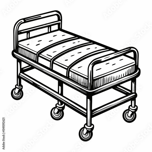 Hand Drawn Hospital Bed Illustration with Casters for Medical and Healthcare Designs