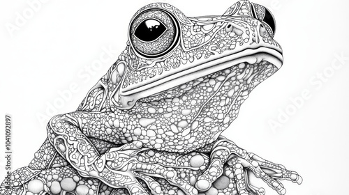 This is a detailed drawing of a frog, perfect for coloring. It's designed to help adults relax and could also be used as a tattoo design. The lines are black and white and create a delicate. photo