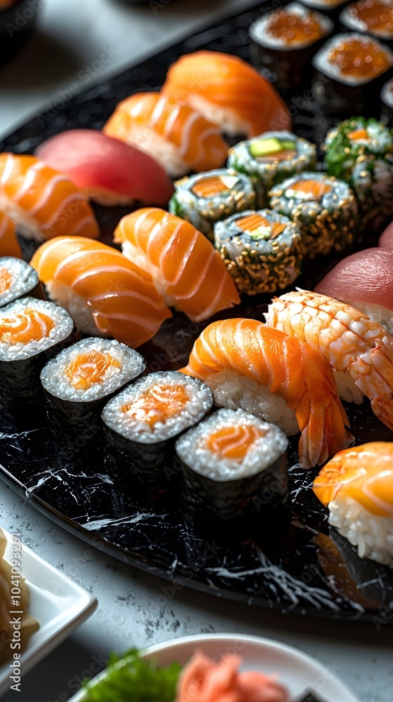 An enticing assortment of sushi rolls displayed on a black plate, featuring vibrant colors and intricate details of fresh seafood and vegetables. An enticing assortment of sushi rolls displayed on a black plate, featuring vibrant colors and intricate details of fresh seafood and vegetables.