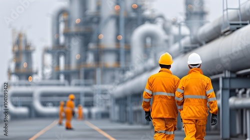 Workers in safety gear conducting regular safety inspections and maintenance checks on gas pipelines and equipment within a large industrial refinery complex
