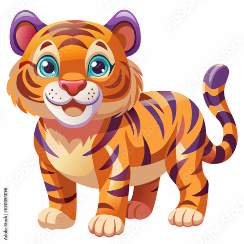 Adorable Cartoon Tiger Cub with Bright Eyes and Striped Fur in Playful Pose