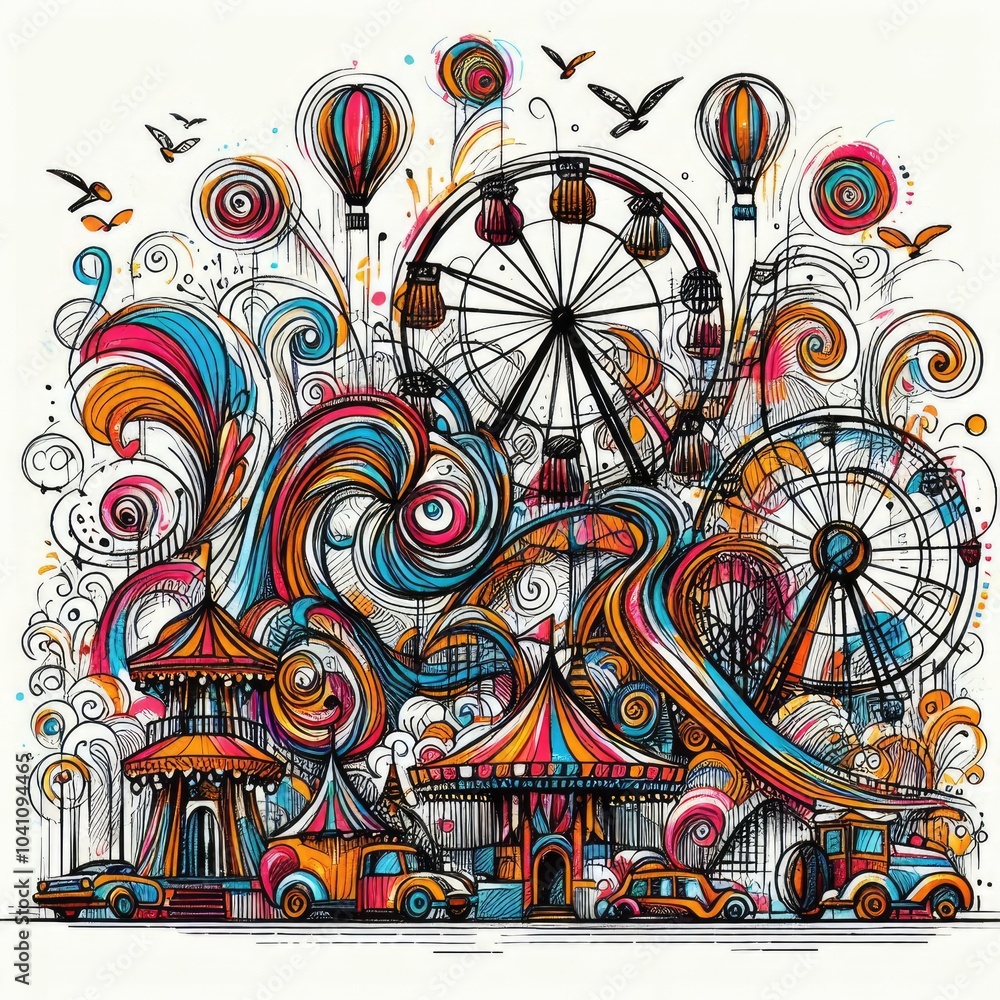 Whimsical Carnival Scene with Ferris Wheel, Carousel, and Hot Air Balloon with Generative AI. Whimsical Carnival Scene with Ferris Wheel, Carousel, and Hot Air Balloon with Generative AI.