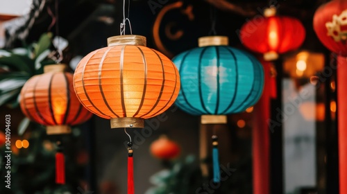 A row of lanterns hanging from the ceiling