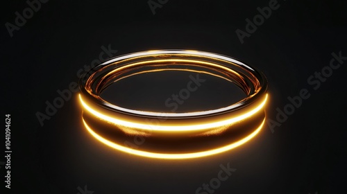 floating golden halo with radiant glow, metallic finish circular border, volumetric lighting effects, premium award design, jet black environment, photorealistic 3d rendering, intricate metal detail, photo