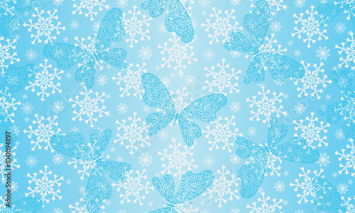 Vector seamless Christmas hand drown geometric pattern with snowflakes and butterflies on a blue gradient background