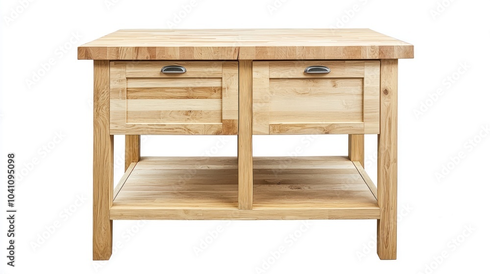 A wooden kitchen island with storage and a countertop, isolated on a plain background for product display. A wooden kitchen island with storage and a countertop, isolated on a plain background for product display.