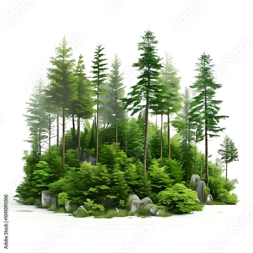 A collection of trees in a forest, contrasted against a white background, highlighting the simplicity and beauty of nature.