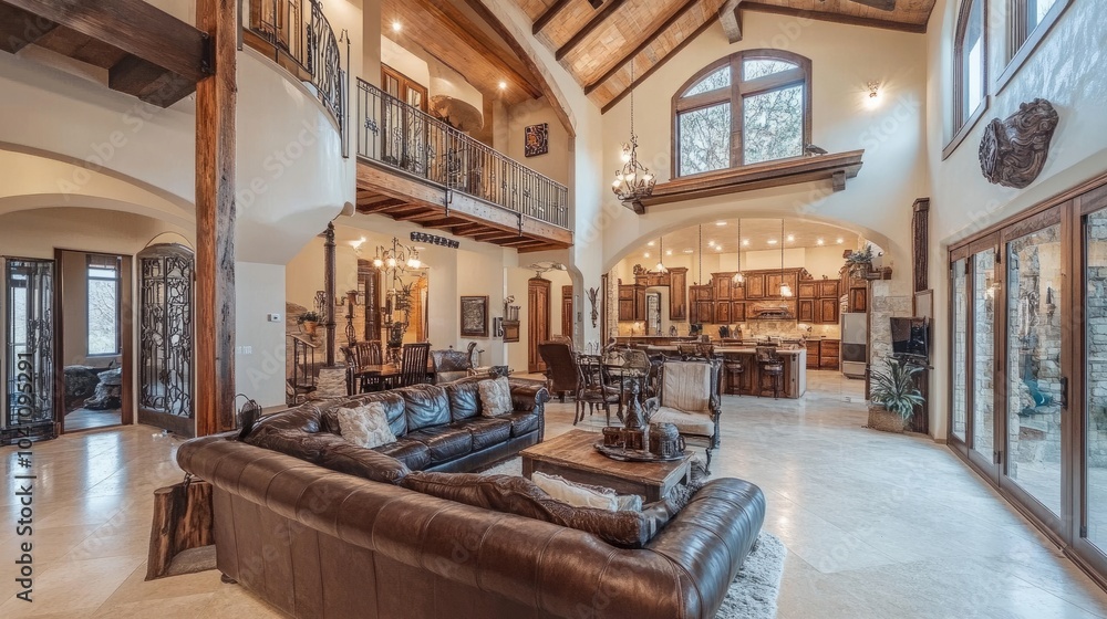 A spacious living area with elegant design, high ceilings, and modern furnishings. Connected kitchen, entryway, and loft area complete this luxurious home. A spacious living area with elegant design, high ceilings, and modern furnishings. Connected kitchen, entryway, and loft area complete this luxurious home.
