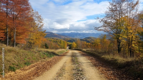 Scenic dirt road through autumn foliage with mountains in the background.