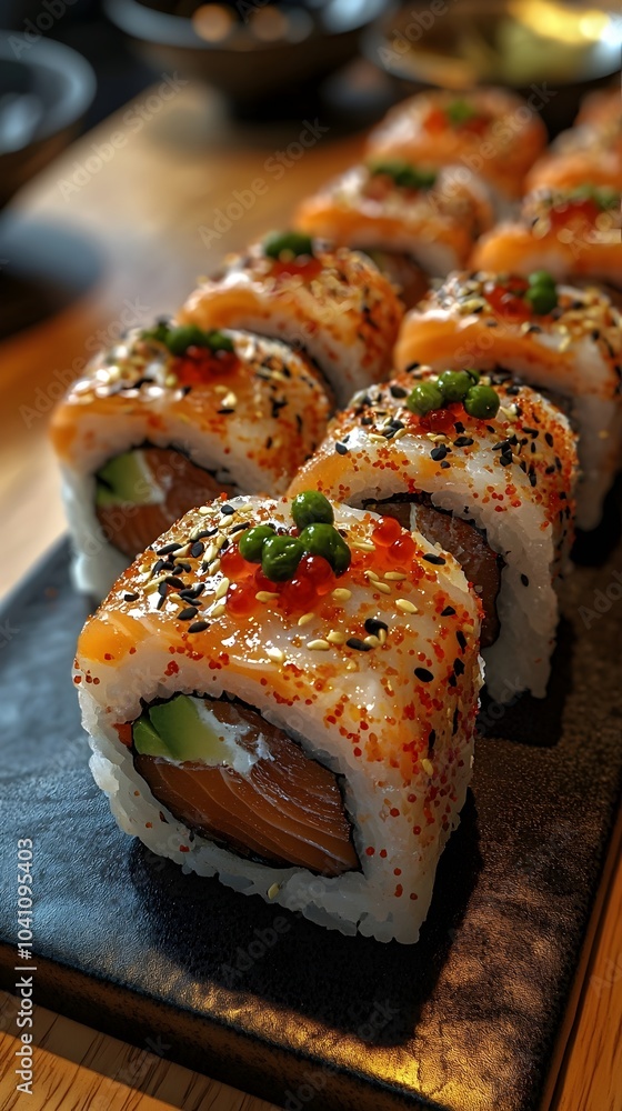 Close-up of beautifully arranged sushi rolls on a black slate plate, showcasing vibrant colors and textures, perfect for a culinary experience. Close-up of beautifully arranged sushi rolls on a black slate plate, showcasing vibrant colors and textures, perfect for a culinary experience.