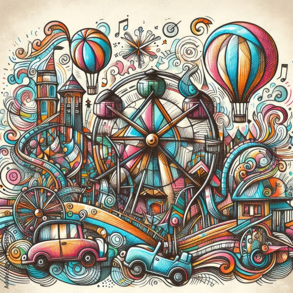 Whimsical Carnival Scene with Ferris Wheel, Carousel, and Hot Air Balloon with Generative AI. Whimsical Carnival Scene with Ferris Wheel, Carousel, and Hot Air Balloon with Generative AI.