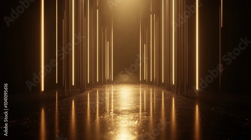 prestigious award ceremony background, vertical golden light beams, ethereal star particles, premium dark atmosphere, reflective floor surface, elegant lighting design, photorealistic quality,