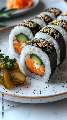 Close-up of appetizing sushi rolls featuring salmon, cucumber, and cream cheese, garnished with sesame seeds, served on a decorative plate with pickles.