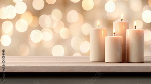 Group of elegant candles on a wooden surface with soft bokeh background. photo