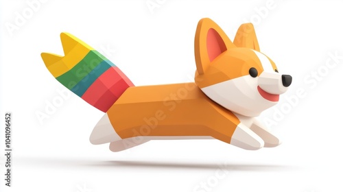 A 3D low poly cartoon dog with a rainbow tail jumps in the air, isolated on white background. photo