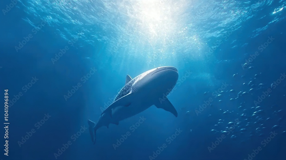 Obraz premium Majestic shark swimming in clear blue waters, vibrant ocean ecosystem displayed.
