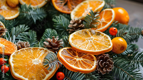 Closeup of a wreath made of oranges and pinecones. Christmas festive eco decor