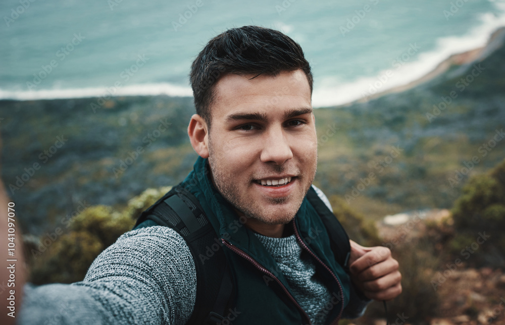 Hiking, selfie and portrait with man on mountain for streaming, travel and adventure. Challenge, wellness and social media with person and trekking in nature for backpacking, fitness and vacation Hiking, selfie and portrait with man on mountain for streaming, travel and adventure. Challenge, wellness and social media with person and trekking in nature for backpacking, fitness and vacation