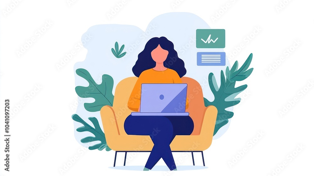 Woman working on a laptop while sitting in an armchair. Woman working on a laptop while sitting in an armchair.