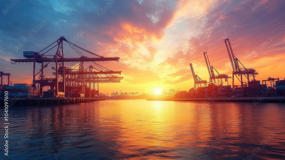 A modern harbor scene at sunrise, cranes and containers against a backdrop of a colorful morning sky, reflecting the vitality and expansion of international commerce A modern harbor scene at sunrise, cranes and containers against a backdrop of a colorful morning sky, reflecting the vitality and expansion of international commerce