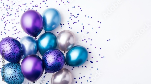 Wallpaper Mural A cluster of purple, blue, and silver balloons with confetti on a white background. Torontodigital.ca