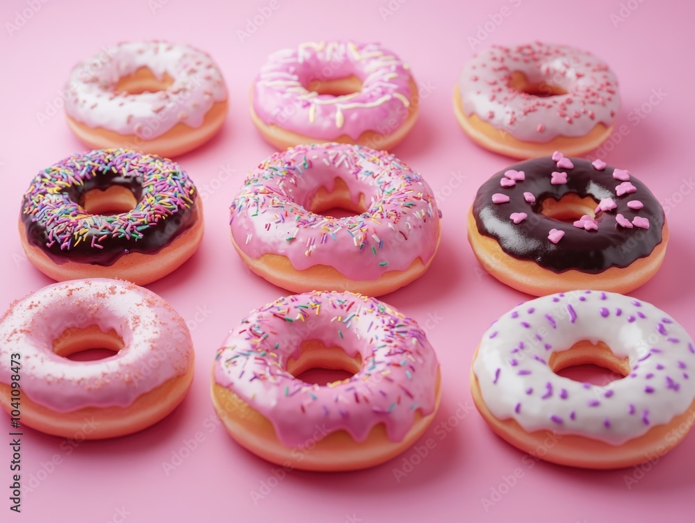 Doughnuts with Sprinkles on Pink Surface Doughnuts with Sprinkles on Pink Surface
