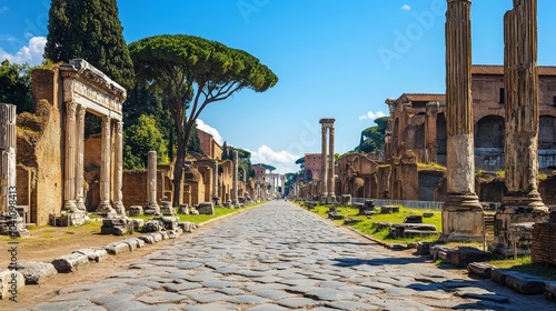 A cobblestone road leading through the ancient Roman Forum, lined with ruins and columns, under a blue sky.