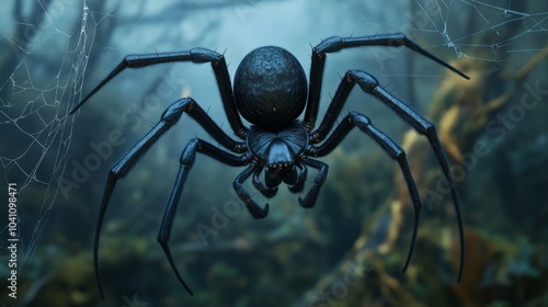 Fototapeta Naklejka Na Ścianę i Meble -  A black widow spider sits in its web with a blurred forest background.