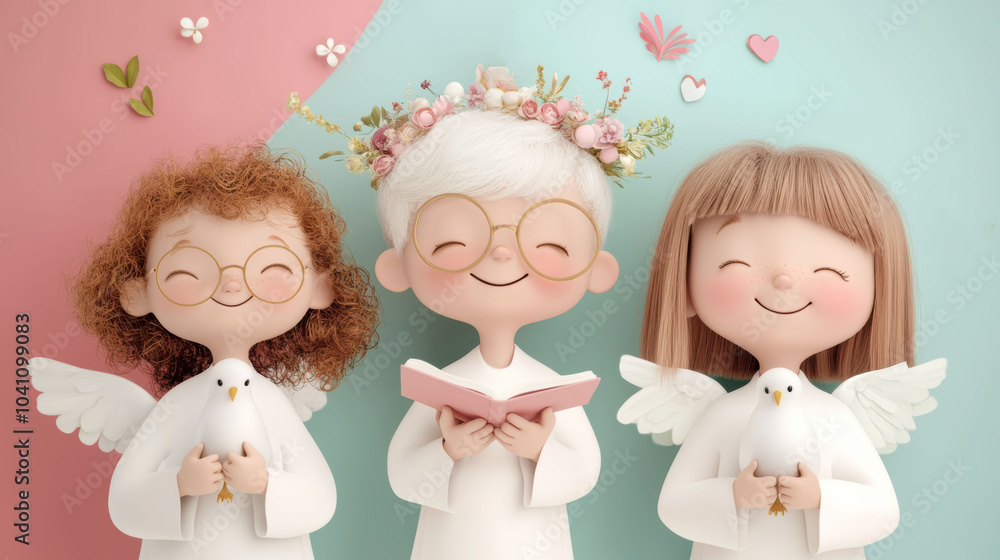 Three joyful children dressed as angels hold doves, surrounded by pastel decorations, AI Three joyful children dressed as angels hold doves, surrounded by pastel decorations, AI