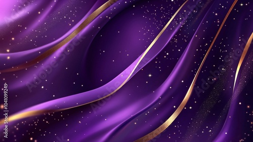 elegant cosmic purple atmosphere, sweeping golden linear accents, premium metallic typography, dreamy star details, luxury event backdrop design